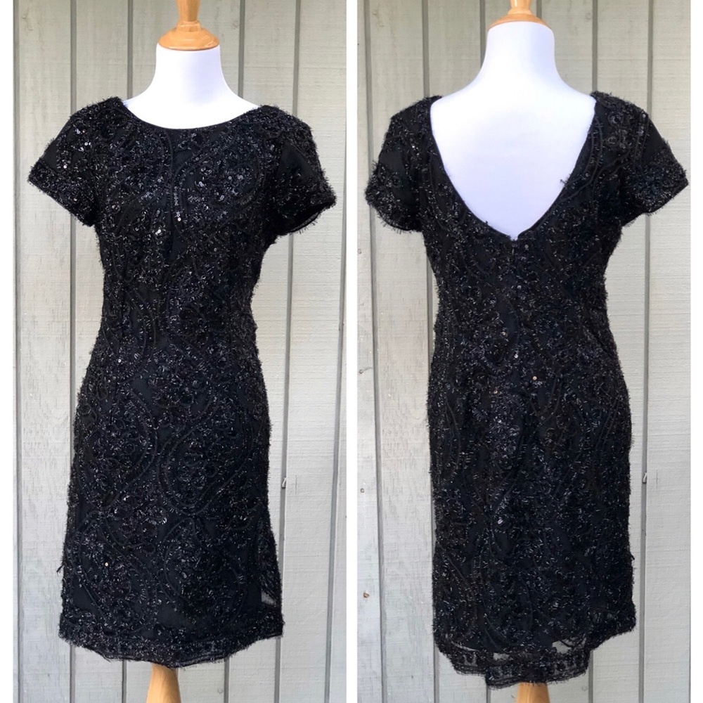 SD Collection Sequin Fuzzy Sparkle Short Sleeve Black Cocktail Mini Dress 10P